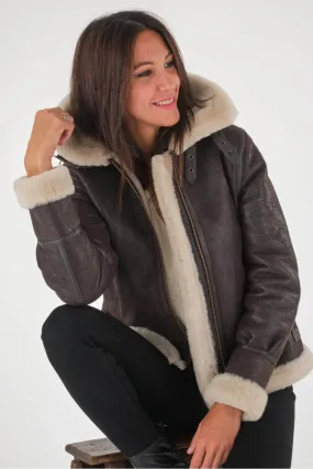 Bombardier à capuche CARACTERE CUIR agneau retourné marron , Caractère Cuir - ALYSON ICON BOMBARDIER Marron | Cesare Nori